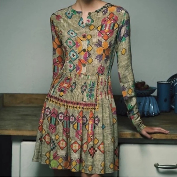 Hemant & Nandita Cross Stitch Print Silk Tunic Dress. Anthropologie. Size 4 - Picture 1 of 12